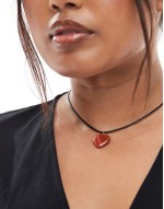 Curve mid length cord necklace with red puff heart