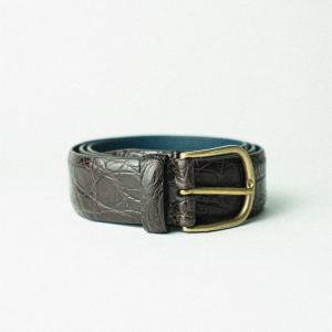 Caiman Leather Belt C0037 | Dark Brown with Blue Green Leather Lining
